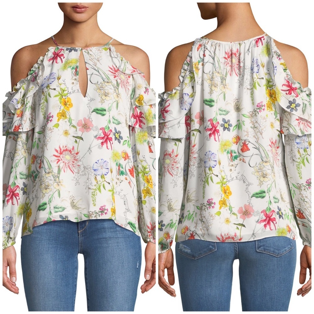 Parker Abby Cold Shoulder Silk Blouse XS floral sangria pink yellow green purple